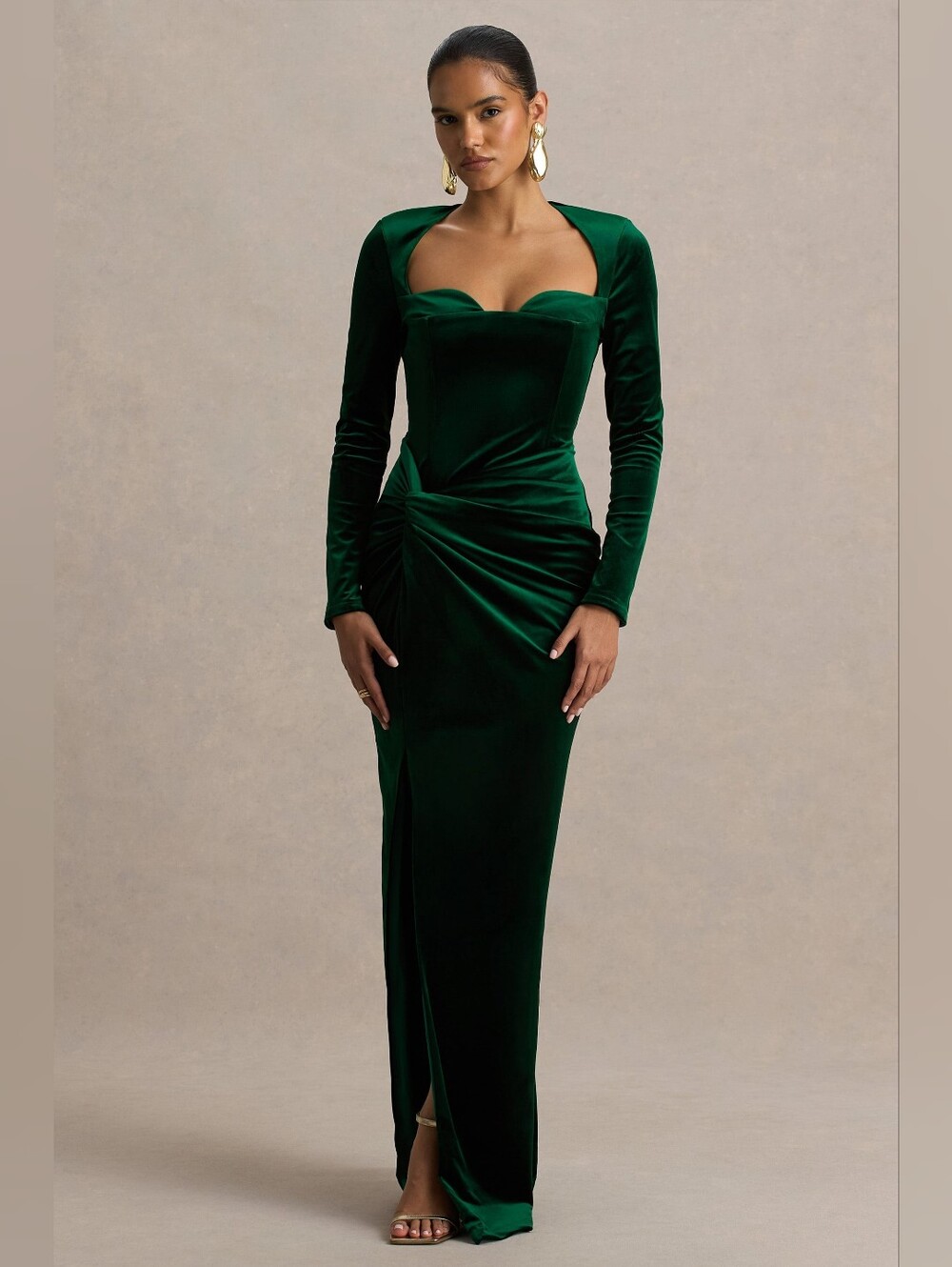 FayBottle Green Velvet Corset Style Knot Maxi Dress